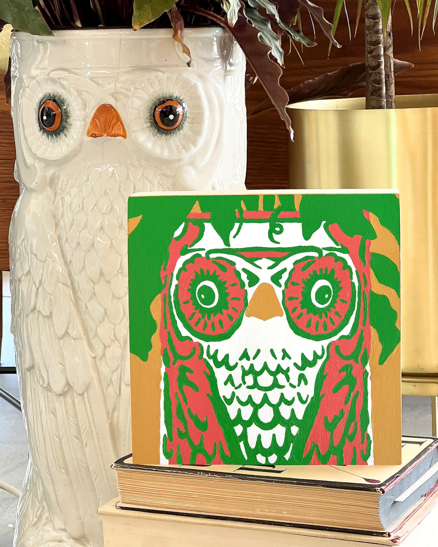 Vintage Italian Owl Planter 8" x 8" Painting